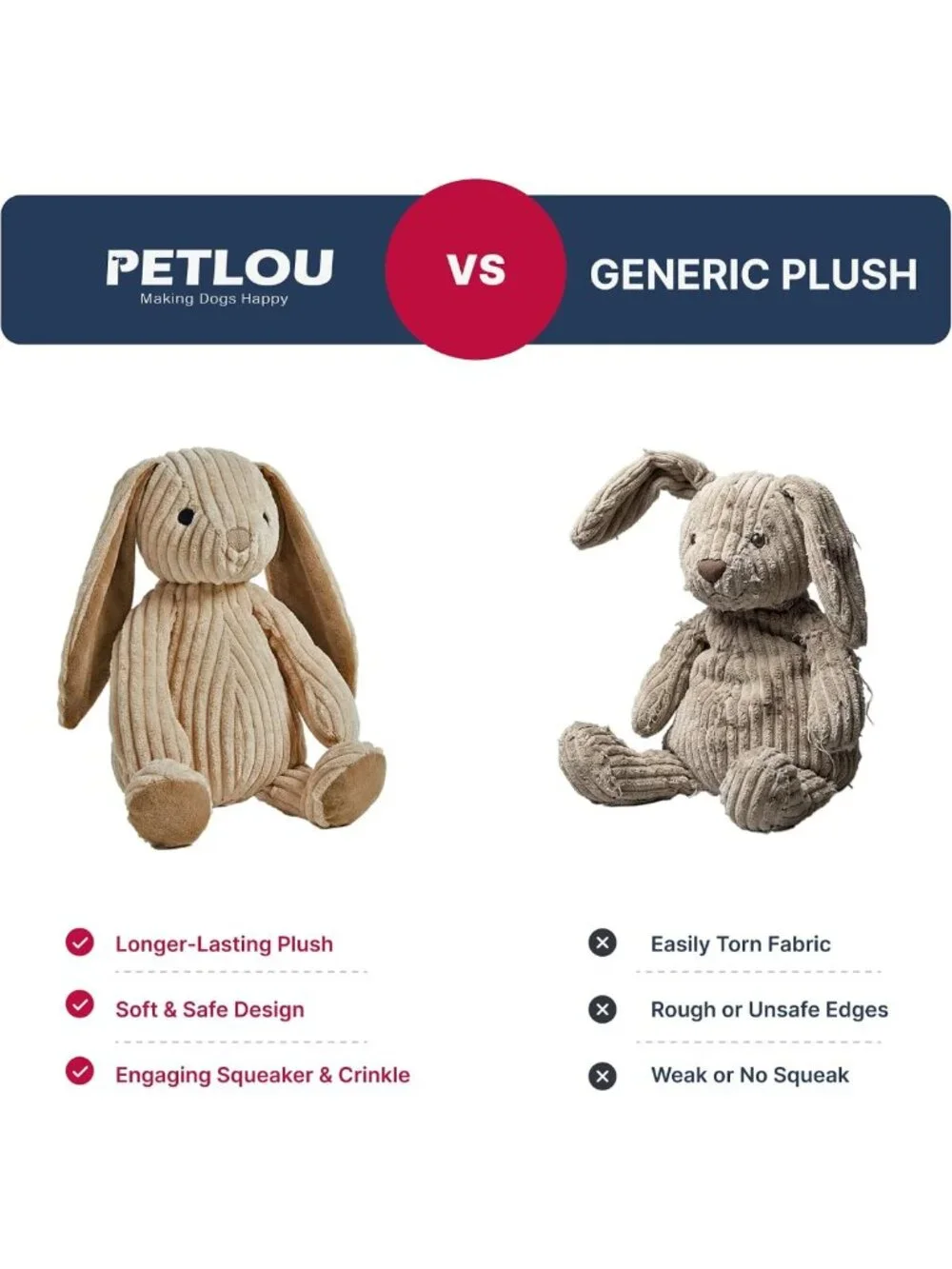 Soft Corduroy Rabbit Dog & Cat Toy - Multi-Squeaks, Crinkle Paper, 15